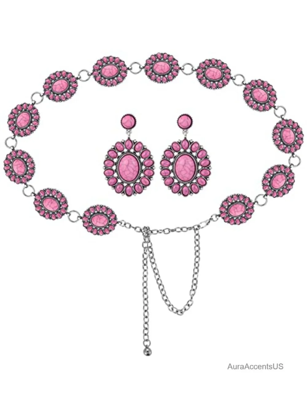 Metal Turquoise Concho Chain Belt with Drop Earrings Set